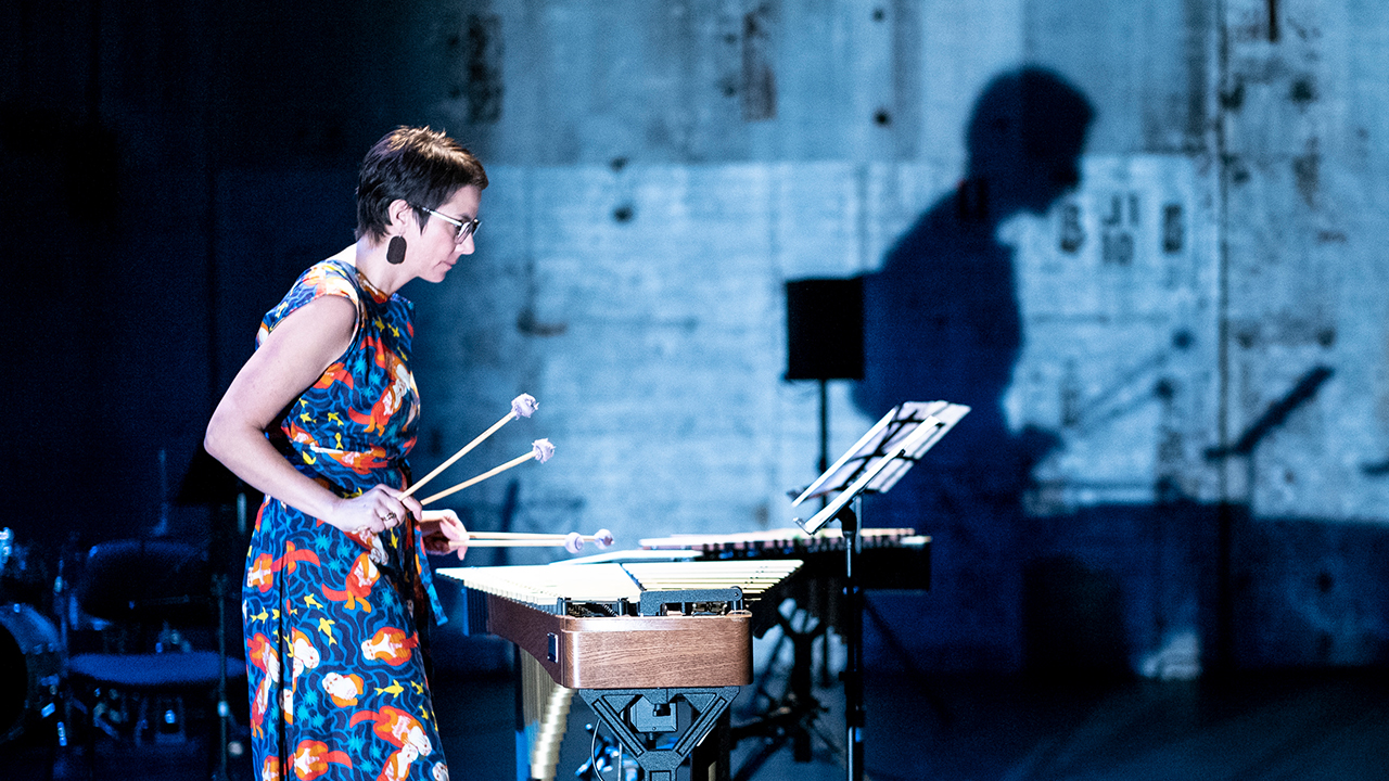 Claire Edwardes plays percussion in Carriageworks.