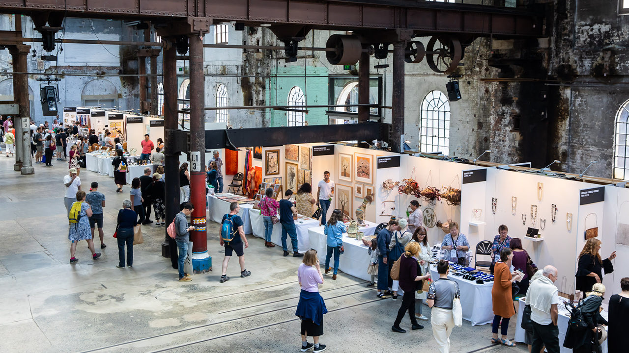 Market-goers gather in the Public Space of Carriageworks for the SOUTHEAST Aboriginal Arts Market