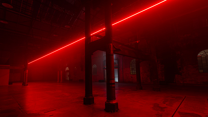 A red strip of light runs through the centre of Carriageworks' Public Space