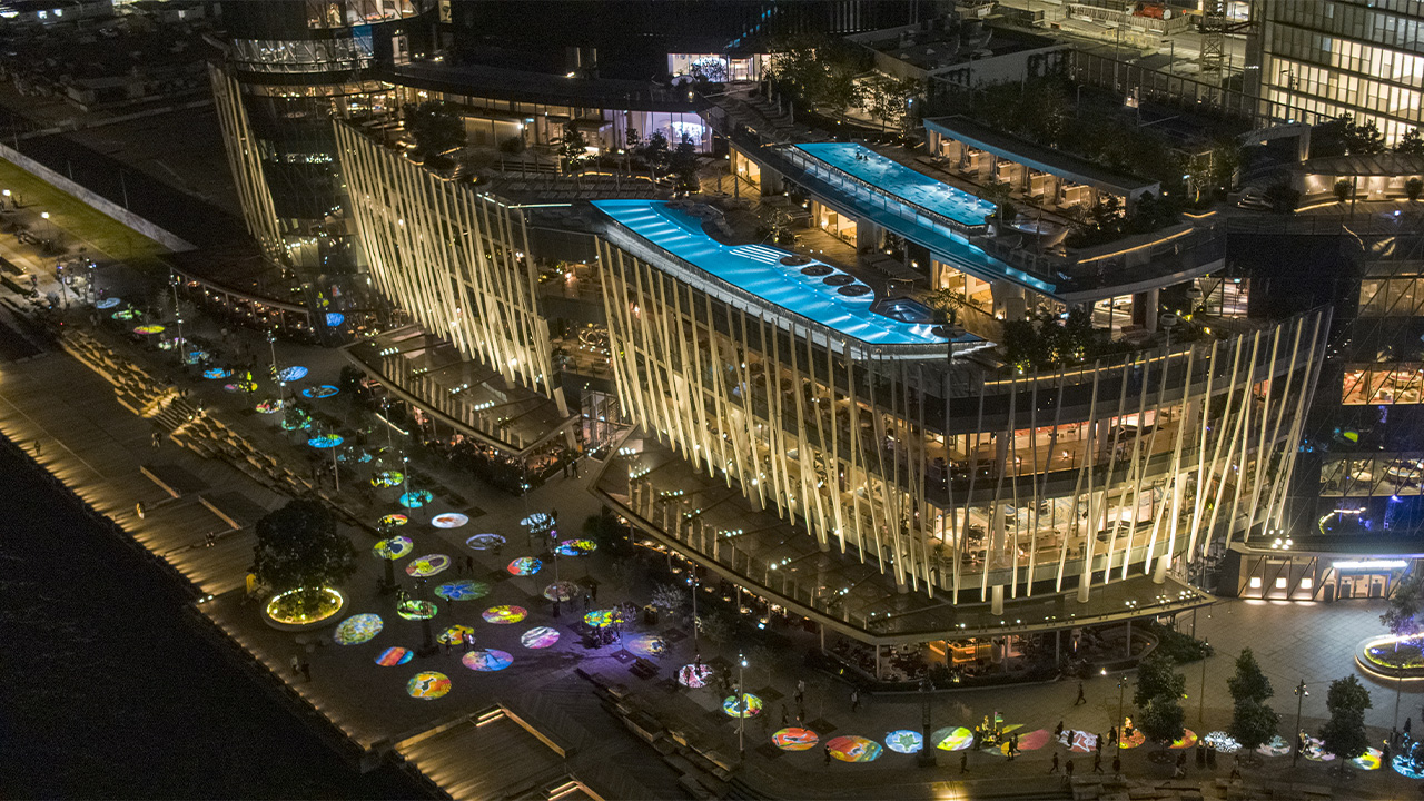 Drone photo of Crown hotel and Vivid Lights